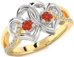 Diamond Fire Opal Gold Silver Heart Two Stone Ring