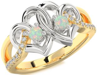 Diamond Emerald Platinum & Yellow Gold Heart Two Stone Birthstone Ring