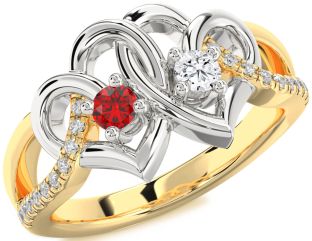 Diamond Emerald Platinum & Yellow Gold Heart Two Stone Birthstone Ring