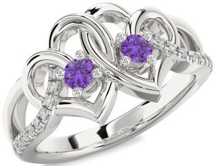 Diamond Emerald Silver Heart Two Stone Birthstone Ring