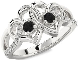 Black Diamond Silver Heart Two Stone Ring