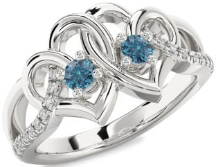 Blue Diamond Silver Heart Two Stone Ring