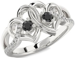 Diamond Black Onyx Silver Heart Two Stone Ring