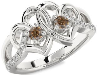 Chocolate Brown Diamond Silver Heart Two Stone Ring