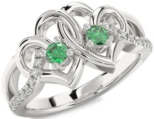 Diamond Emerald Silver Heart Two Stone Birthstone Ring