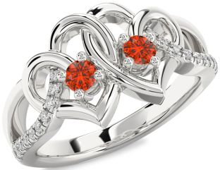 Diamond Fire Opal Silver Heart Two Stone Ring