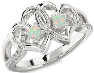 Diamond Emerald Silver Heart Two Stone Birthstone Ring