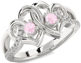 Diamond Rose Quartz Silver Heart Two Stone Ring