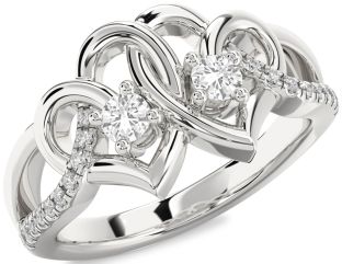 Diamond White Sapphire Silver Heart Two Stone Ring