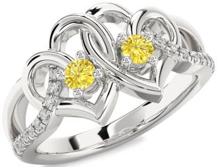 Yellow Diamond Silver Heart Two Stone Ring