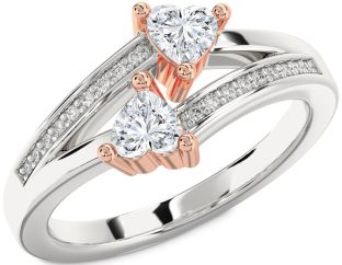 Diamond Silver & 10K Rose Gold Two Heart Ring