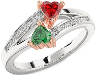 Diamond Emerald Silver & 10K Rose Gold Two Heart Birthstone Ring