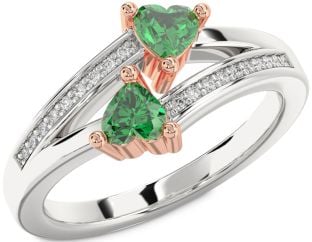 Diamond Emerald White Rose Gold Two Heart Birthstone Ring