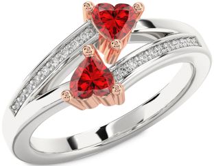 Diamond Emerald Silver & 10K Rose Gold Two Heart Birthstone Ring