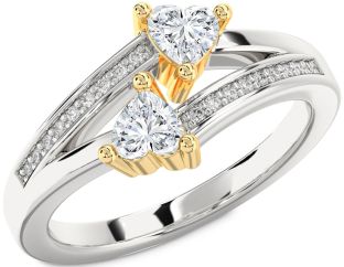 Diamond White Yellow Gold Two Heart Ring