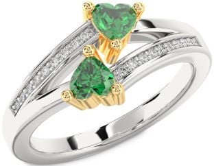 Diamond Emerald Silver & 10K gold Two Heart Birthstone Ring