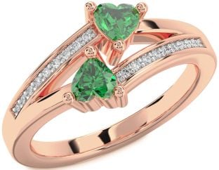 Diamond Emerald Rose Gold Silver Two Heart Birthstone Ring
