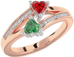Diamond Emerald White Rose Gold Two Heart Birthstone Ring