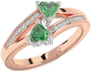 Diamond Emerald Platinum & Rose Gold Two Heart Birthstone Ring