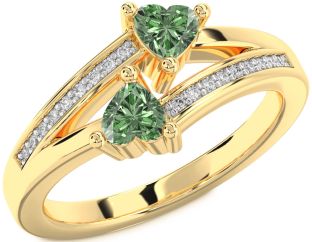 Green Diamond Gold Silver Two Heart Ring
