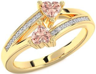 Diamond Morganite Gold Silver Two Heart Ring