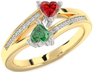 Diamond Emerald Platinum & Yellow Gold Two Heart Birthstone Ring