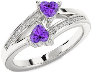 Diamond Emerald Silver Two Heart Birthstone Ring