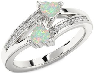 Diamond Emerald Silver Two Heart Birthstone Ring