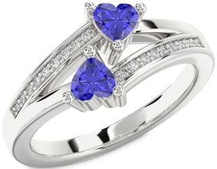 Diamond Tanzanite Silver Two Heart Ring
