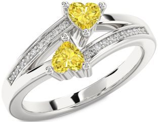 Yellow Diamond Silver Two Heart Ring