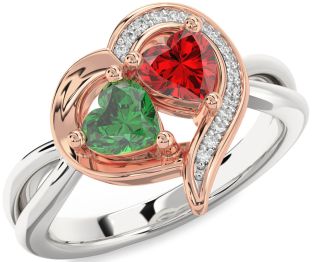 Diamond Emerald Silver & 10K Rose Gold Two Heart Birthstone Ring