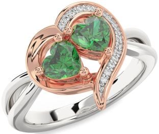 Diamond Emerald White Rose Gold Two Heart Birthstone Ring