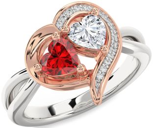 Diamond Emerald Silver & 10K Rose Gold Two Heart Birthstone Ring