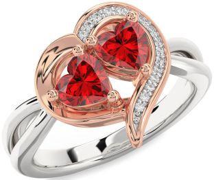 Diamond Emerald Silver & 10K Rose Gold Two Heart Birthstone Ring