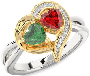 Diamond Emerald Silver & 10K gold Two Heart Birthstone Ring