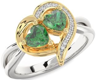 Diamond Emerald Silver & 10K gold Two Heart Birthstone Ring