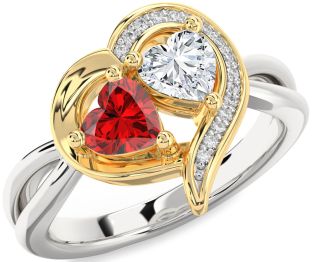 Diamond Emerald Silver & 10K gold Two Heart Birthstone Ring