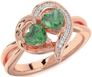 Diamond Emerald Rose Gold Two Heart Birthstone Ring