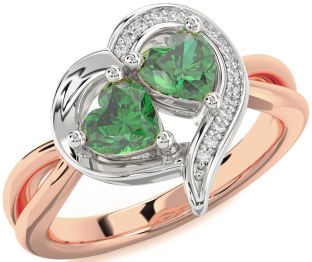 Diamond Emerald Platinum & Rose Gold Two Heart Birthstone Ring