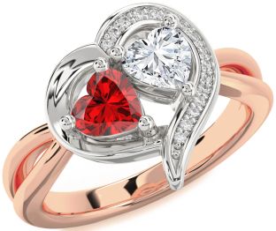 Diamond Emerald Platinum & Rose Gold Two Heart Birthstone Ring