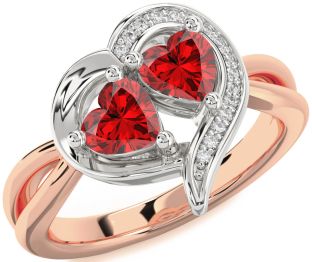 Diamond Emerald Platinum & Rose Gold Two Heart Birthstone Ring