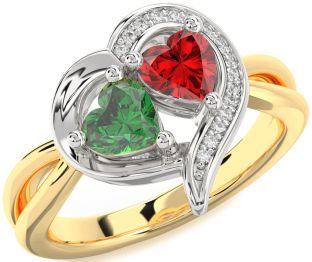 Diamond Emerald Platinum & Yellow Gold Two Heart Birthstone Ring