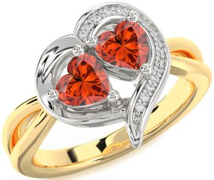 Diamond Fire Opal Gold Silver Two Heart Ring