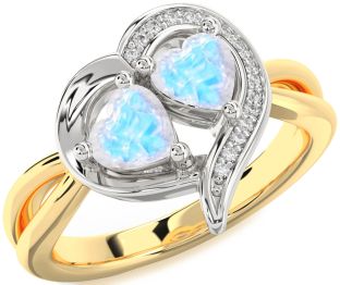 Diamond Moonstone Gold Silver Two Heart Ring