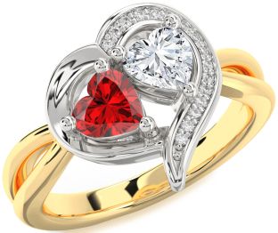 Diamond Emerald Platinum & Yellow Gold Two Heart Birthstone Ring