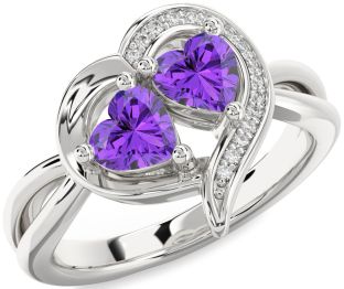 Diamond Emerald Silver Two Heart Birthstone Ring