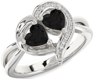 Black Diamond Silver Two Heart Ring
