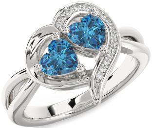 Blue Diamond Silver Two Heart Ring