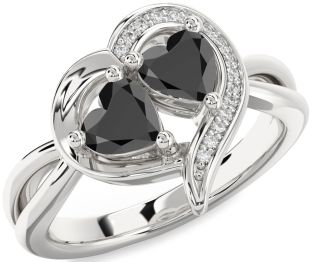 Diamond Black Onyx Silver Two Heart Ring