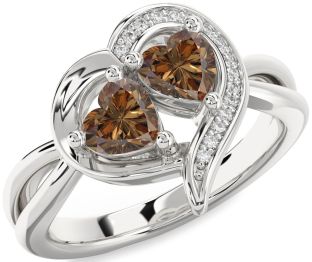 Chocolate Brown Diamond Silver Two Heart Ring